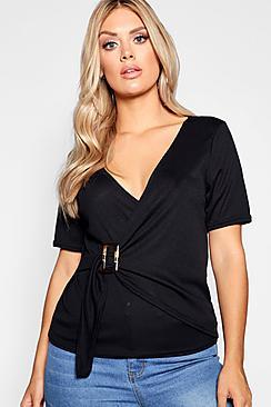 Boohoo Plus Rib Wrap Buckle Top