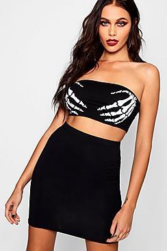 Boohoo Halloween Skeleton Hands Bandeau + Skirt Co-ord