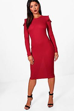 Boohoo Annie Ribbed Frill Cold Shoulder Midi Dress