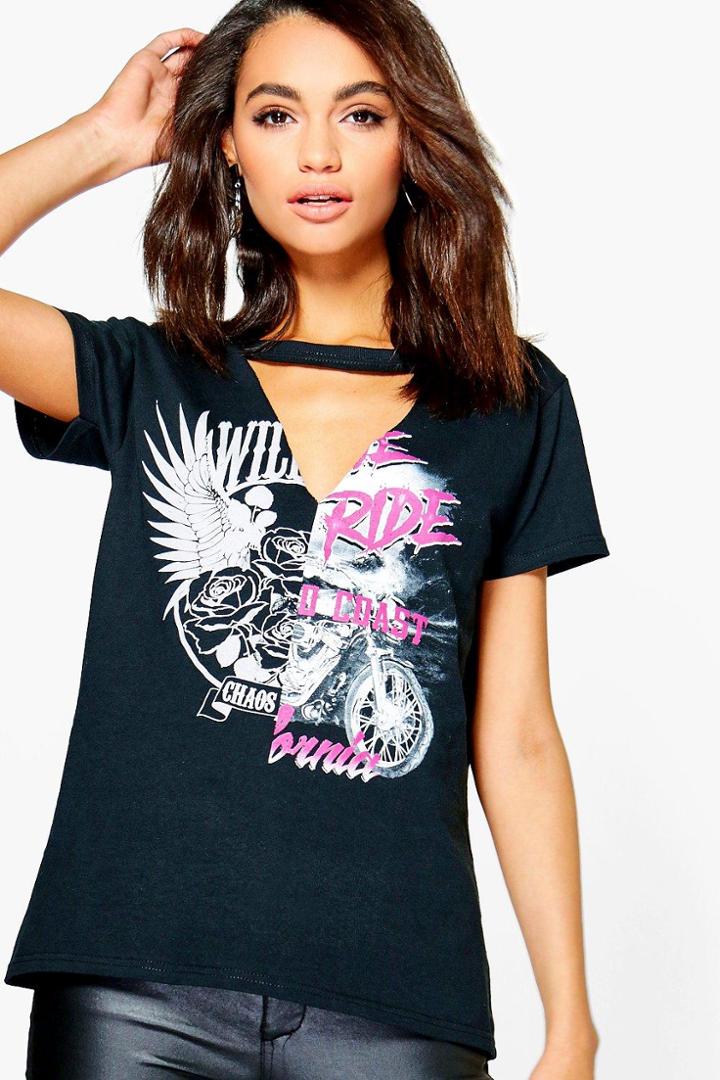 Boohoo Laura Printed Choker Cut Out Band Tee Black
