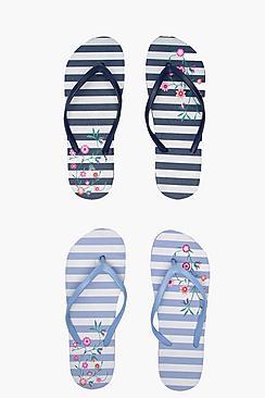 Boohoo Millie Stripe & Floral 2 Pack Flip Flops