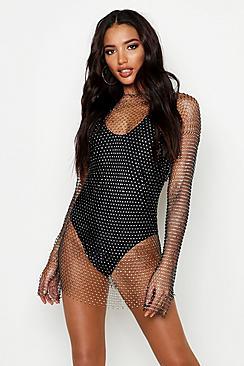 Boohoo Diamante Long Sleeved Beach Dress
