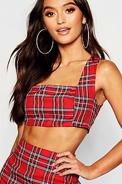 Boohoo Petite Square Neck Woven Tartan Crop Top