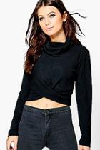 Boohoo Carla Cowl Neck Ribbed Long Sleeve Crop Top