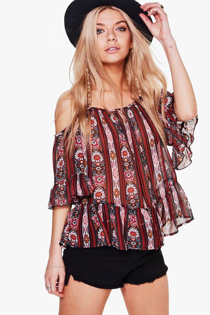Boohoo Maria Mixed Print Cold Shoulder Top Multi
