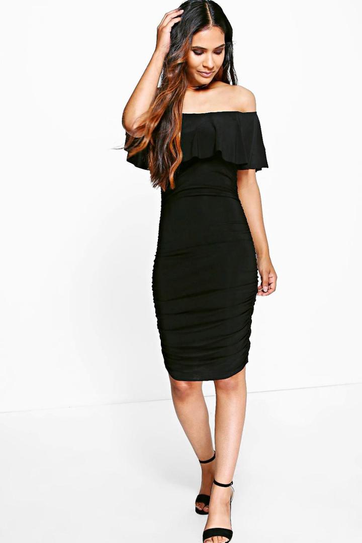 Boohoo Ari Slinky Off Shoulder Ruched Bodycon Dress Black