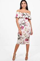 Boohoo Lucy Floral Double Frill Off The Shoulder Midi Dress