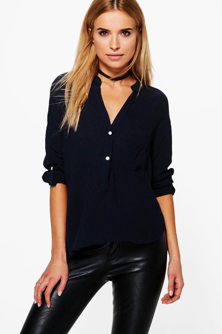 Boohoo Sarah Button Pocket Blouse Navy