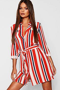 Boohoo Striped Pocket Front Shirt Dress