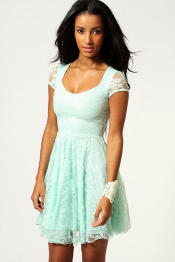 Boohoo Caroline Cap Sleeve Lace Skater Dress - Mint