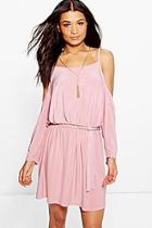 Boohoo Mara Cold Shoulder Blouson Tie Waist Mini Dress