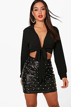 Boohoo Knot Front Woven Blouse