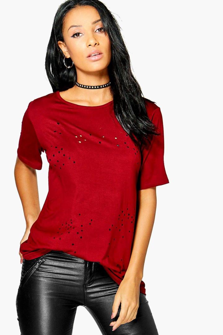 Boohoo Dora Star Lazer Cut Out T-shirt Wine