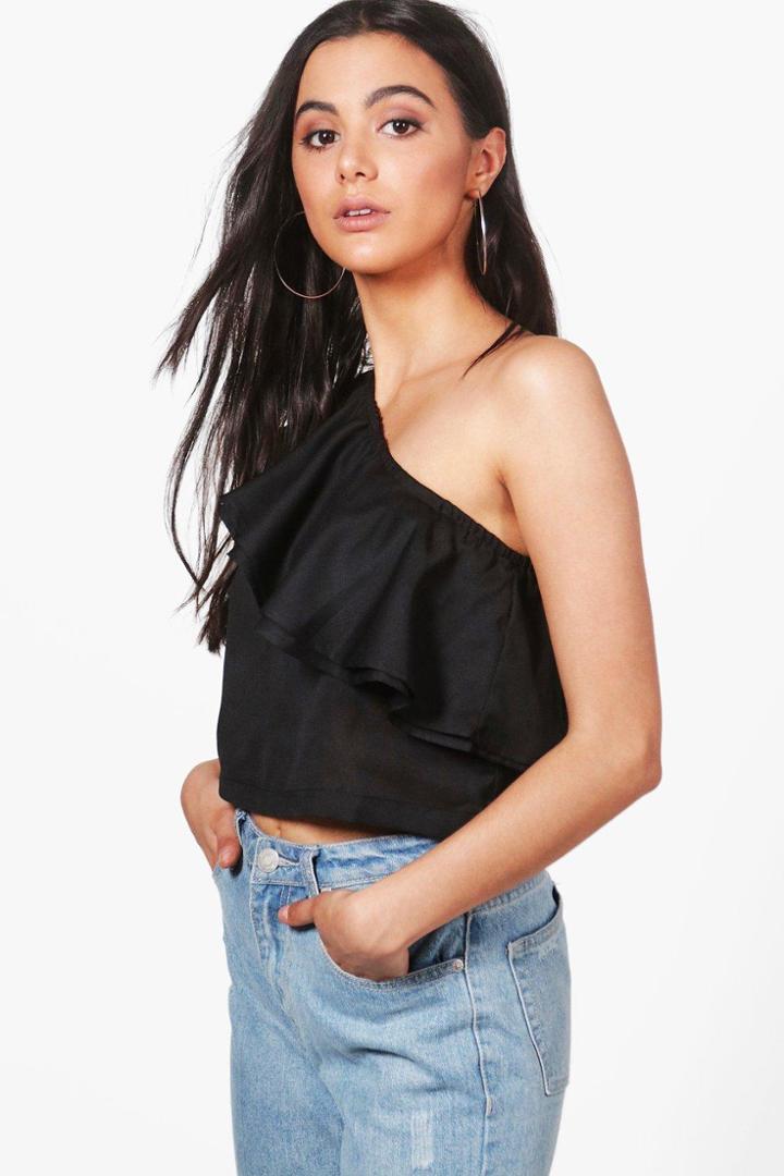 Boohoo Lola One Shoulder Ruffle Top Black