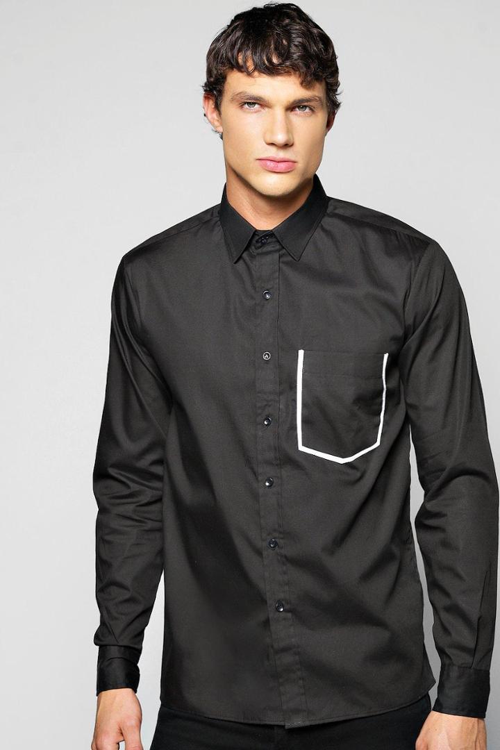Boohoo Slim Fit Taped Pocket Shirt Black