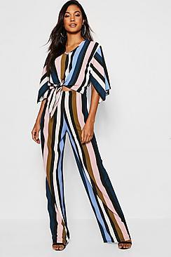 Boohoo Stripe Tie Front Top + Wide Leg Trouser Co-ord