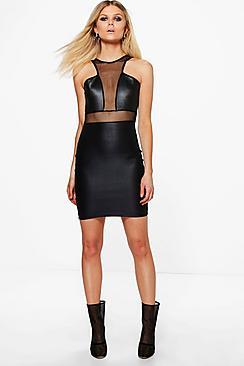 Boohoo Petite Riley Mesh Panel Pu Dress