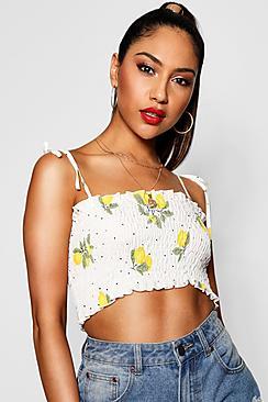 Boohoo Bronte Fruit Print Shirred Strappy Crop Top