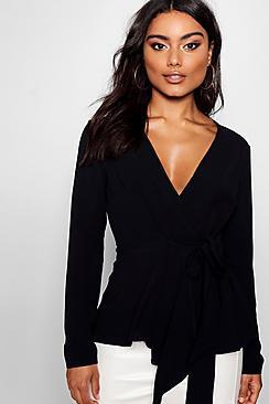 Boohoo Woven Wrap Tie Blouse