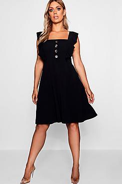 Boohoo Plus Button Detail Ruffle Skater Dress