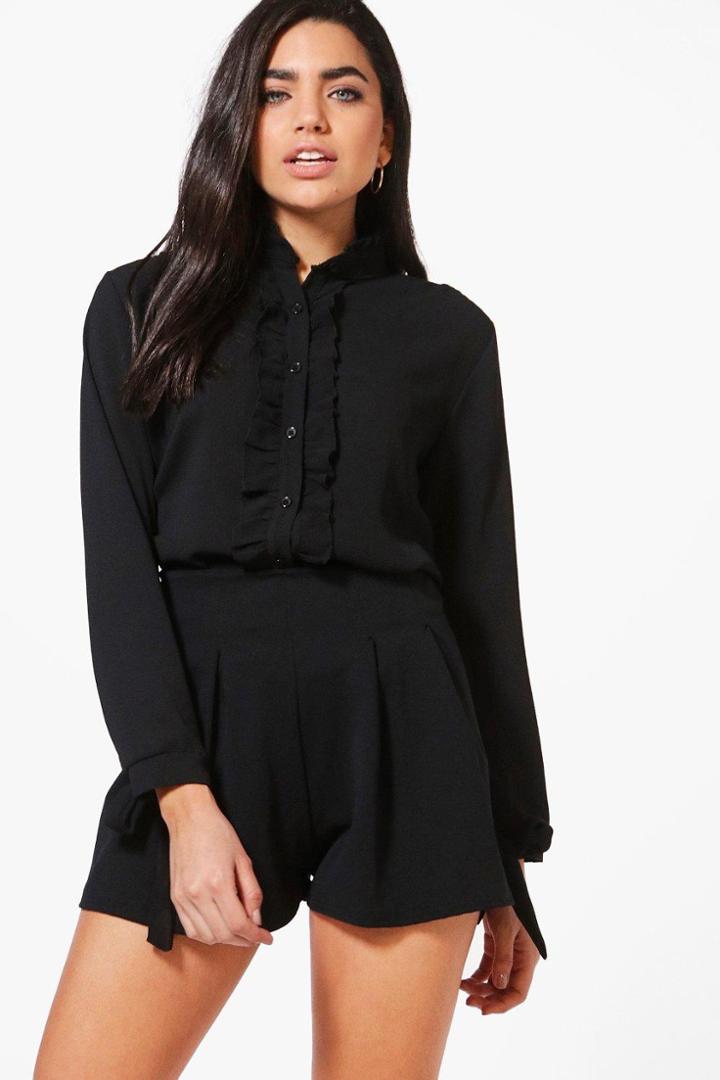 Boohoo Isabelle Ruffle Tie Cuff Shirt Black