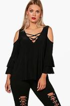 Boohoo Plus Flare Sleeve Lace Up Top