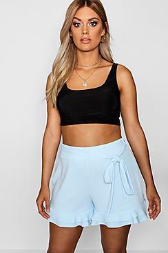 Boohoo Plus Tie Waist Double Frill Short