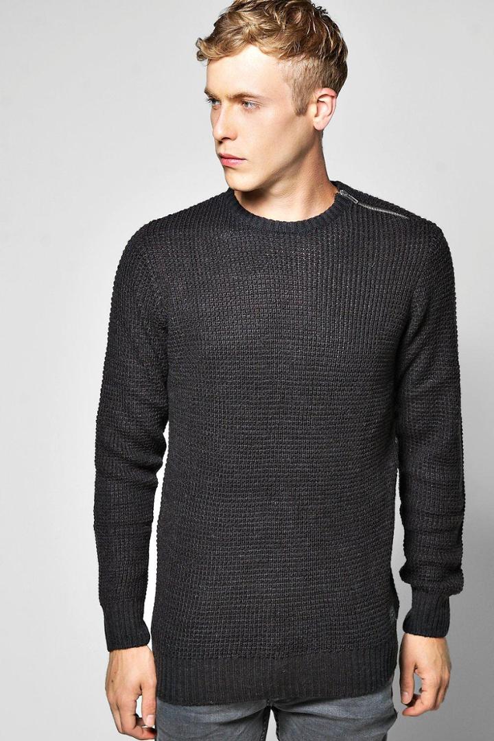 Boohoo Fisherman Rib Jumper With Shoulder Zip Charcoal