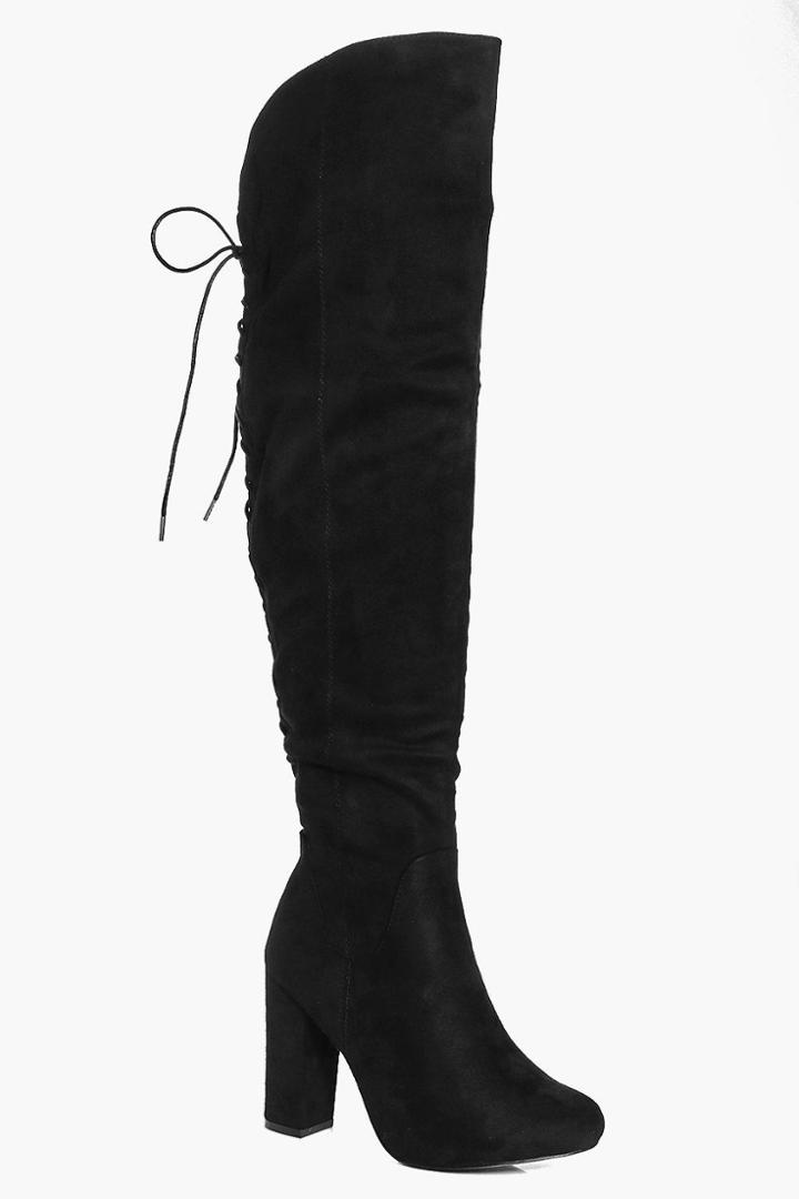 Boohoo Tia Lace Back Block Heel Over The Knee Black