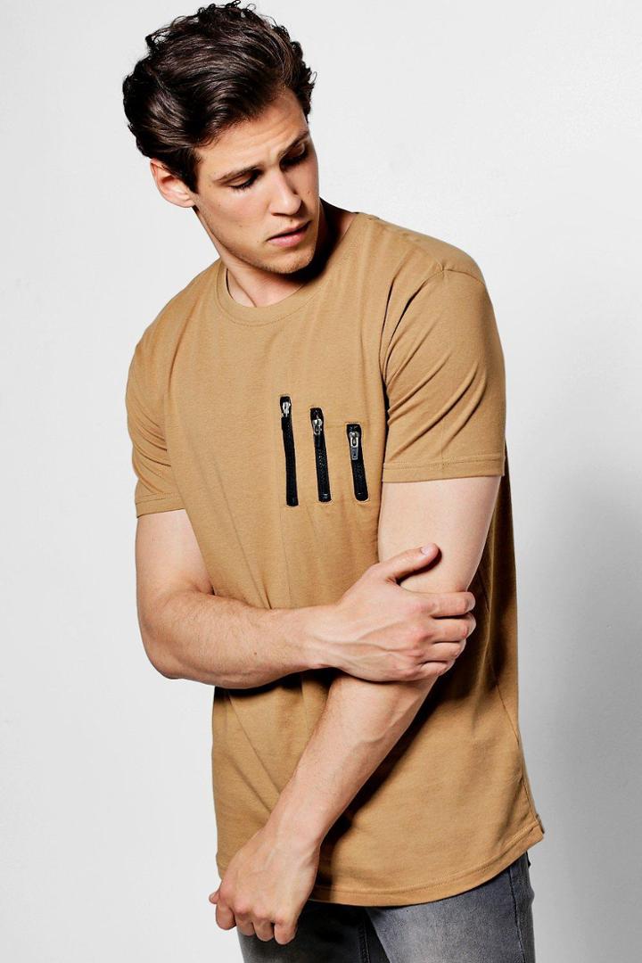 Boohoo Skater Zip T Shirt With Curve Hem Camel