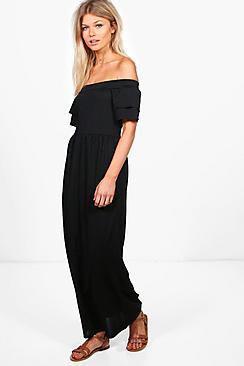 Boohoo Petite Liv Off The Shoulder Ruffle Sleeve Maxi Dress