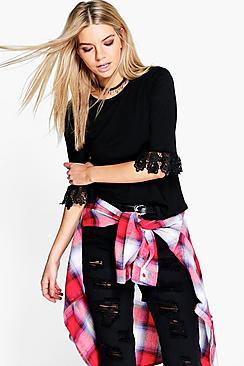 Boohoo Ivy Crochet Trim 3/4 Sleeve Top