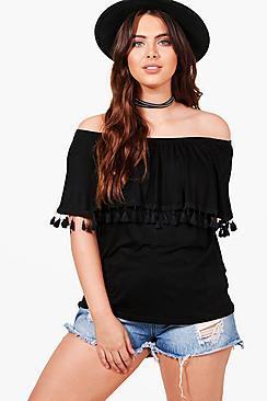 Boohoo Plus Ellie Tassle Trim Off The Shoulder Top