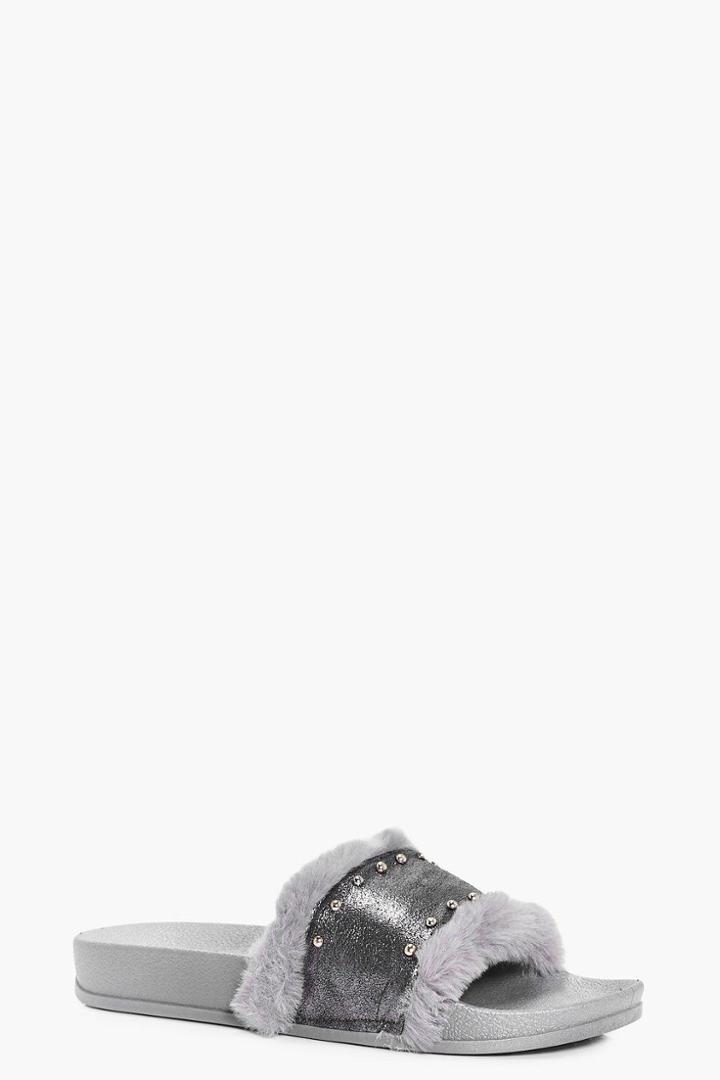 Boohoo Amber Fur And Stud Trim Slider Grey