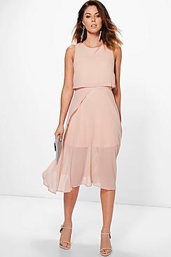 Boohoo Chiffon Double Layer Midi Skater Dress
