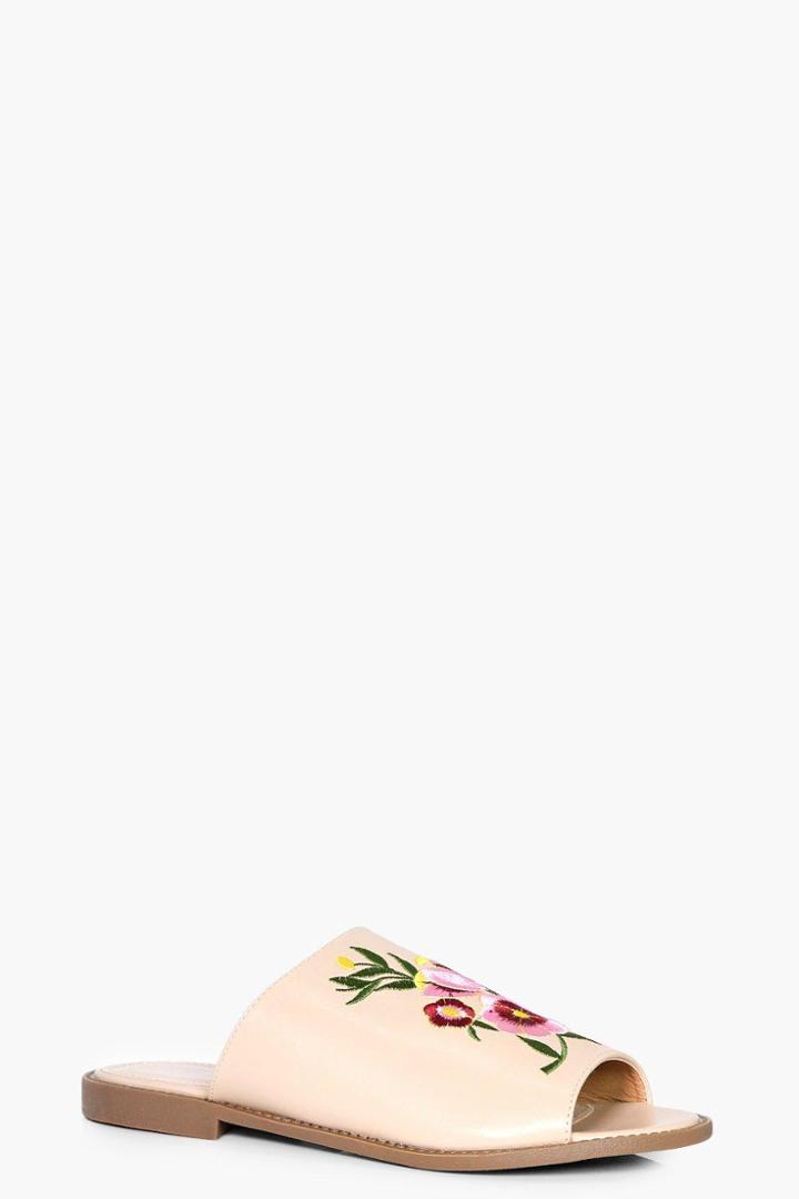 Boohoo Tia Floral Embroidery Flat Slider Nude