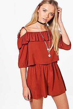 Boohoo Evie Ruffle Open Shoulder Playsuit