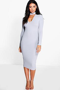 Boohoo Rosie Ribbed Choker Midi Dress