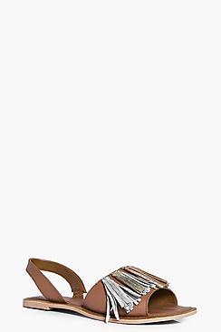 Boohoo Tia Two Part Leather Peeptoe Tassel Trim Sandal