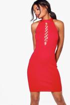 Boohoo Mia Lace Up High Neck Bodycon Dress Red