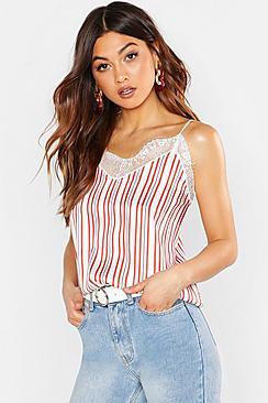Boohoo Satin Lace Trim Stripe Cami
