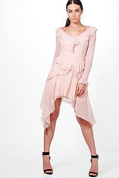 Boohoo Mesh Frill Long Sleeve Skater Dress