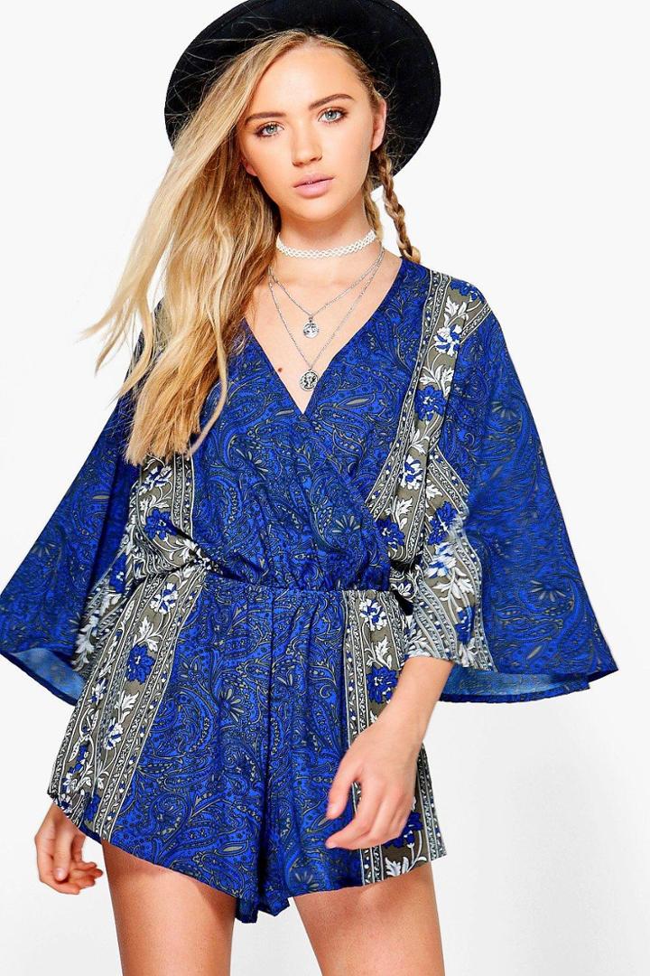 Boohoo Sophie Printed Wide Sleeve Playsuit Blue