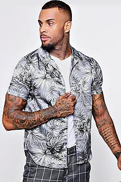 Boohoo Leaf Print Short Sleeve Satin Revere Shirt
