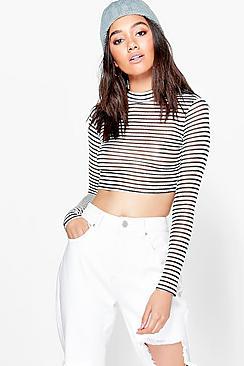 Boohoo Petite Emily Metallic Stripe Knit Turtleneck Crop Top