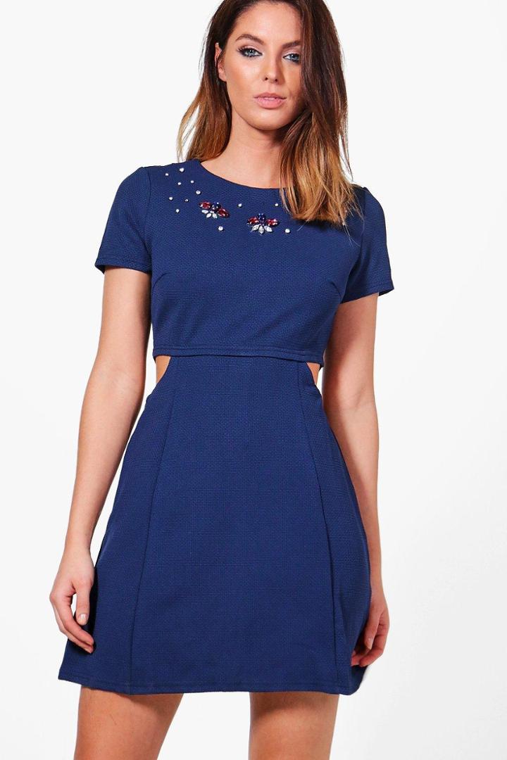 Boohoo Martha Cut Out Embellished Dress Navy