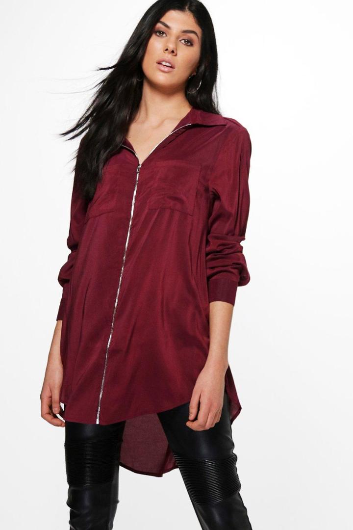Boohoo Maria Long Sleeve Zip Front Shirt Wine