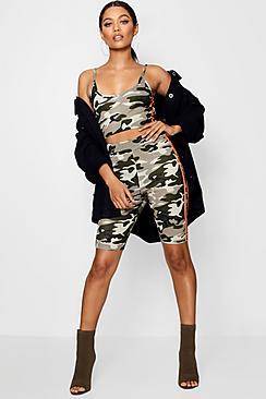 Boohoo Olivia Camo Crop Top And Cycle Short Set