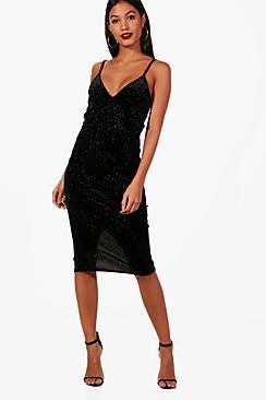 Boohoo Glitter Print Velvet Strappy Midi Dress
