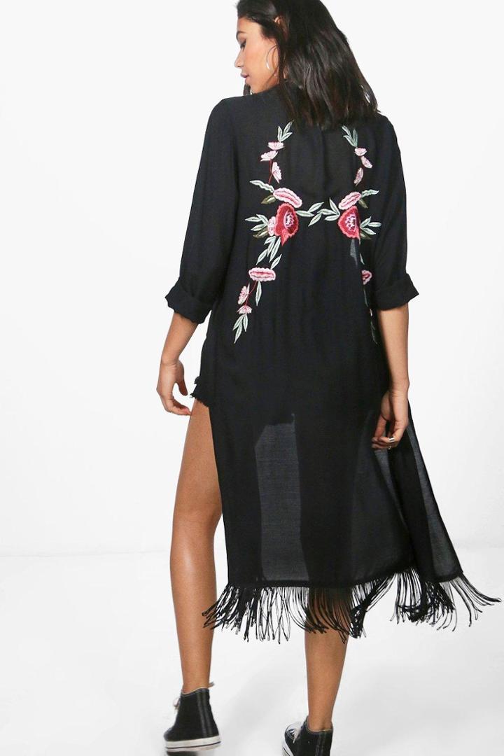 Boohoo Arabella Boutique Embroidered Back Kimono Black